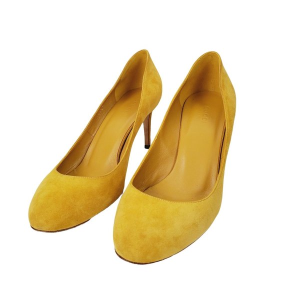 Gucci Suede Mustard Yellow Round Toe Pump Heels, Taylor Swift Favorite, Sz 8.5 - Picture 4 of 14